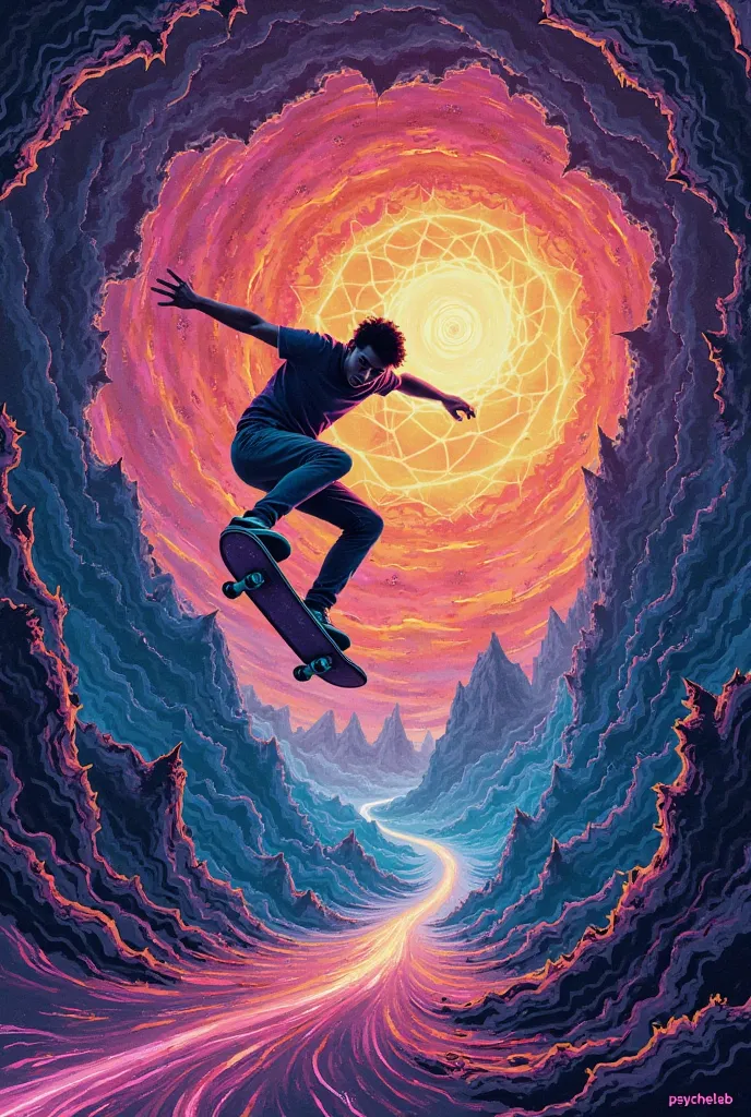 Create the Gravity Breaker print captures the exact moment when a skateboarder defies the laws of physics, , breaking gravity and crossing a psychedelic rift in space-time.  in the center, a stylized silhouette of a skateboarder in a kickflip seems to be s...