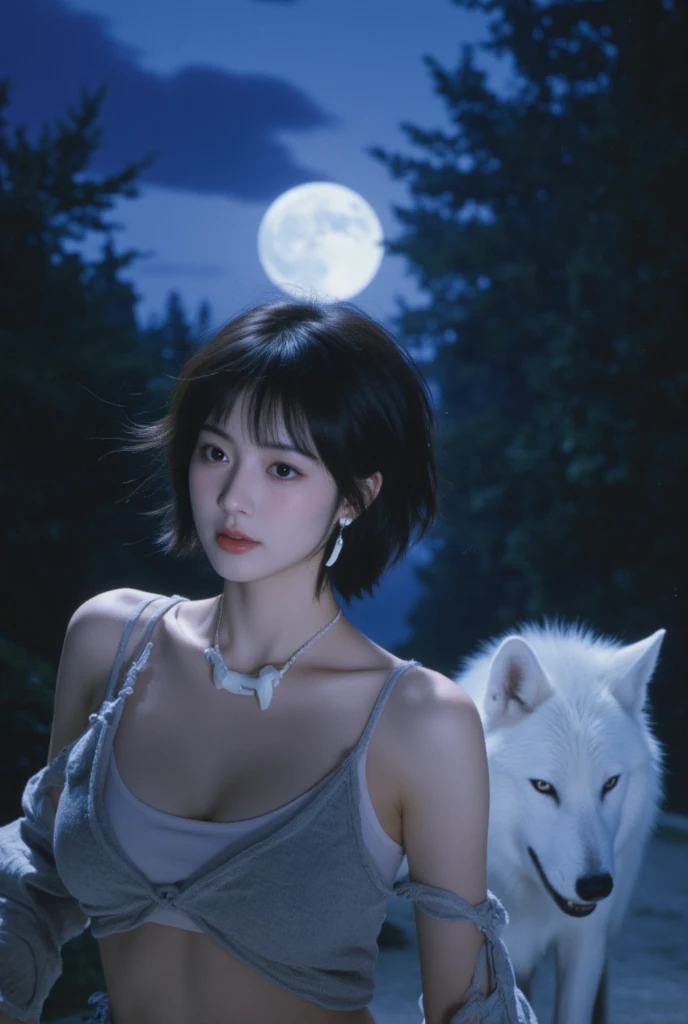 background → under the moon at night　Color of the moon → blue　background → deep forest　model → age woman　Princess Mononoke image　Hair → short bob　accessories on the neck → white earrings on the ears　Accessories → tusk-shaped necklace on the neck　　Clothes →...