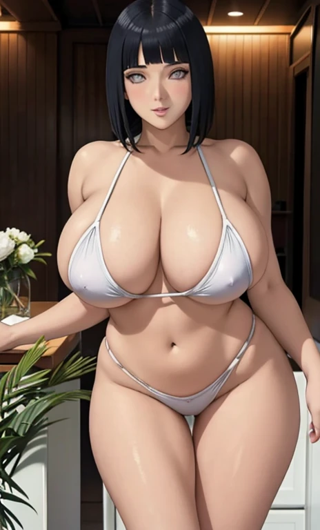 huge breasts, Large breasts, Cute girl, extremely cute girl, large breasts,standing, solo, hinata\(boruto\), 1girl, mature female, white beach bikini and panty, no shirt, showing off), sideboob, large breasts, cleavage, deep cleavage, erotic, exotic figure...