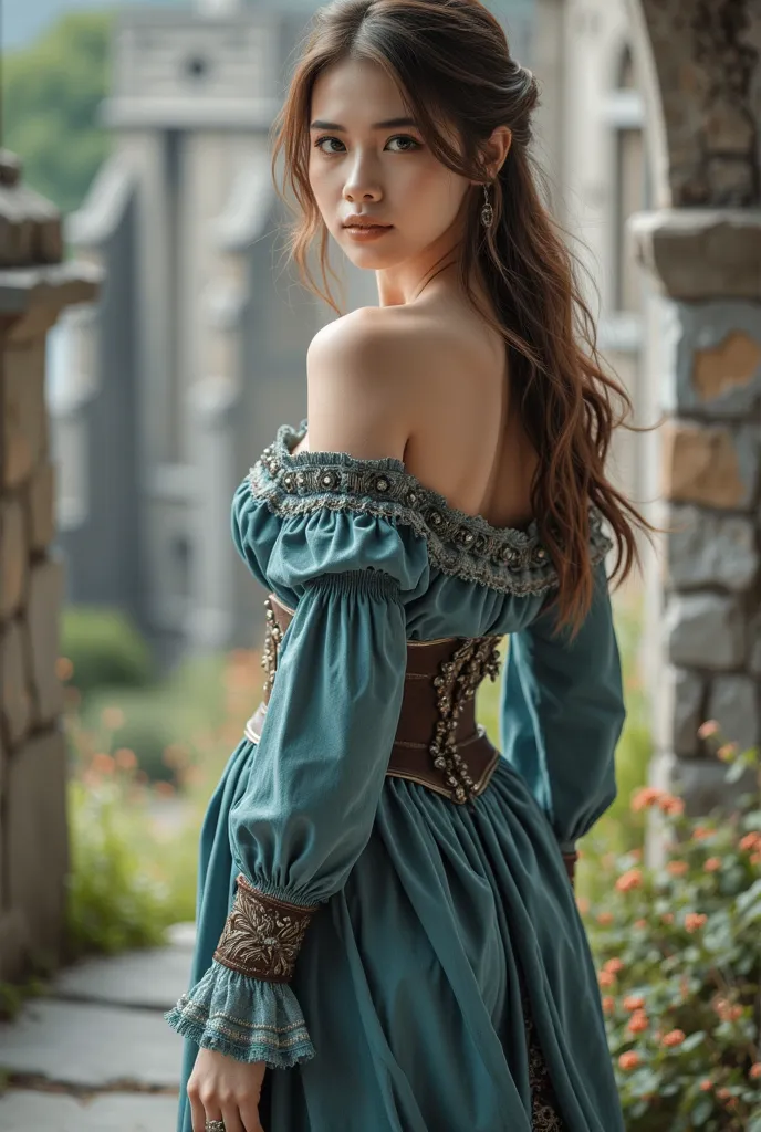 hdr, 4k, Woman full body view, dressed in a beautiful medieval dress, standing in front of a stone castle, medieval style, Beautiful lady, Medieval Lara Croft, beautiful woman, medieval princess, from behind, as a medieval fantasy character, seductive hypn...