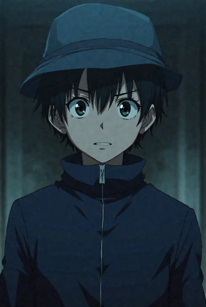 A man standing wearing a blue jacket, and wearing a hat, black hair, and feeling scared, and his visual type is anime and is around