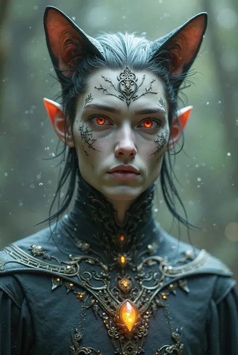  guy with red eyes and cat ears, there are elven features, there is a collar on the neck.