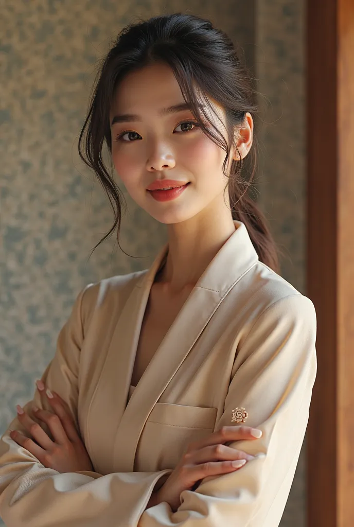 A Korean woman striking a stylish pose while smiling (realista)