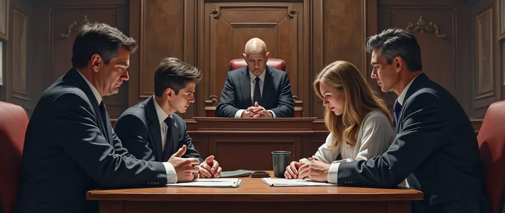 A courtroom; a couple, two lawyers and a judge around a table.  Serious and sad people. 