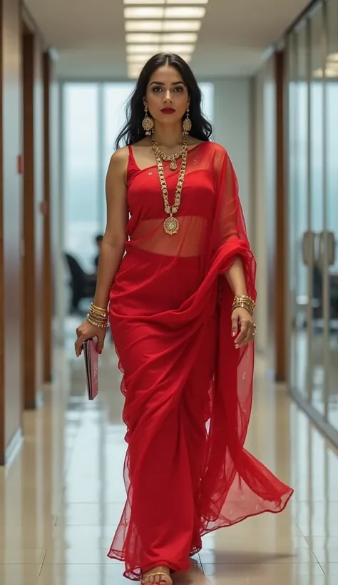 A full body photo of a modern Indian woman wearing a plain red transparent saree and a sleeveless blouse, She is walking along an office corridor holding a file in her hand, She is also wearing a beautiful nose stud with a diamond, long golden chain and be...