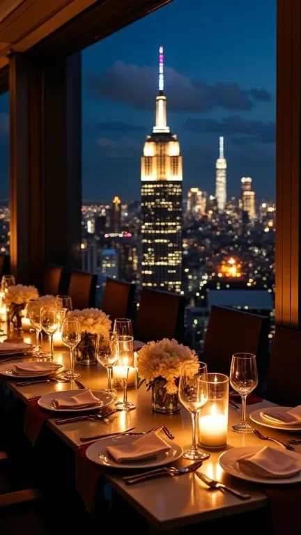 The night in New York sparkled with thousands of lights, reflecting off the windows of the skyscrapers like stars trapped in the city. At the top of the Empire State Building. The space was stunning. A candlelit dinner had been set up, with a spotless glas...