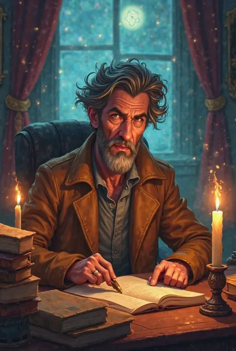 A scientific portrait, with a vindictive and almost supernatural expression. He wears a brown coat and is sitting in an office illuminated by mystical candles, surrounded by old books and floating atomic symbols. Make it in animated style for agers,  carto...