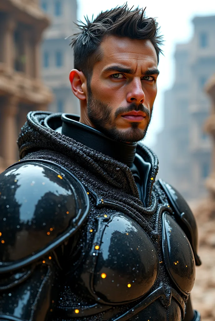 A metallic warrior in black armor woven with sparkling crystalline fibers, gazing into the camera with an energetic city ruin behind him, showcasing an electrifying intersection of man-made and organic materials, ultra-realistic immersive experience.