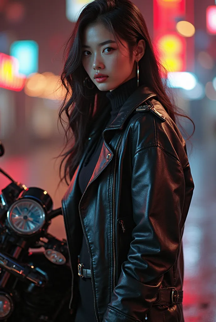 Korean Jiang Xue is wearing a tight leather coat，Posture，like a rose blooming in the dark night。She is armed with a pistol ， Firm Eyes ，and behind her was a cool motorcycle，as if ready to embark on a thrilling adventure。