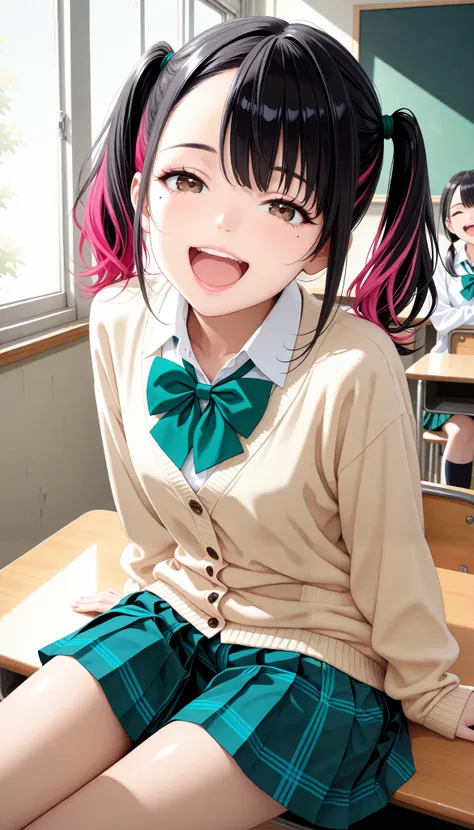 ( Cute age Girls , petite body, brown eyes), 1 female:1.6, (Beautiful High School Girls by Yoshitomo Nara, black hair with pink inner color hair, twin tails, asymmetrical bangs, mole under the eye:1.2, small face, beautiful skin), glossy lips , very d...