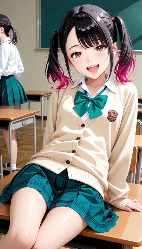 ( Cute age Girls , petite body, brown eyes), 1 female:1.6, (Beautiful High School Girls by Yoshitomo Nara, black hair with pink inner color hair, twin tails, asymmetrical bangs, mole under the eye:1.2, small face, beautiful skin), glossy lips , very d...