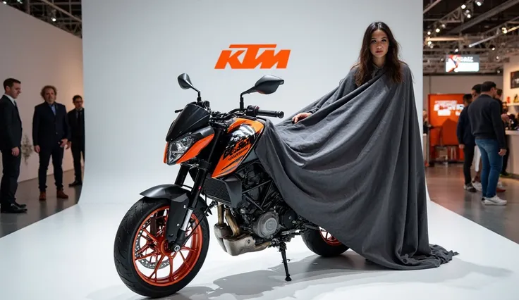 A sleek, modern (2025 KTM 390 Duke bike) taking center stage in a showroom, partially covered with a black and gray 🩶 cloth displaying a prominent 2025 KTM 390 Duke bike) logo, being unveiled by people. The vehicle is a vibrant (unique)  with a streamlined...