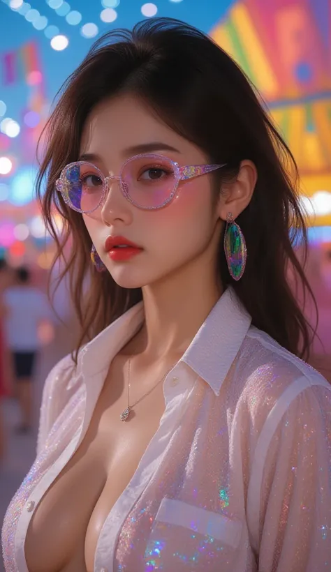 front open shirt， 8,000,  masterpiece,  of the highest quality, futuristic, Holographic Glasses, Rainbow earrings, Sparkling Sequin Outfits, Neon Colors, Vivid Reflections, Carnival Scene with sunglasses, Wavy Hair,  glossy lips , High Fashion Makeup, Colo...