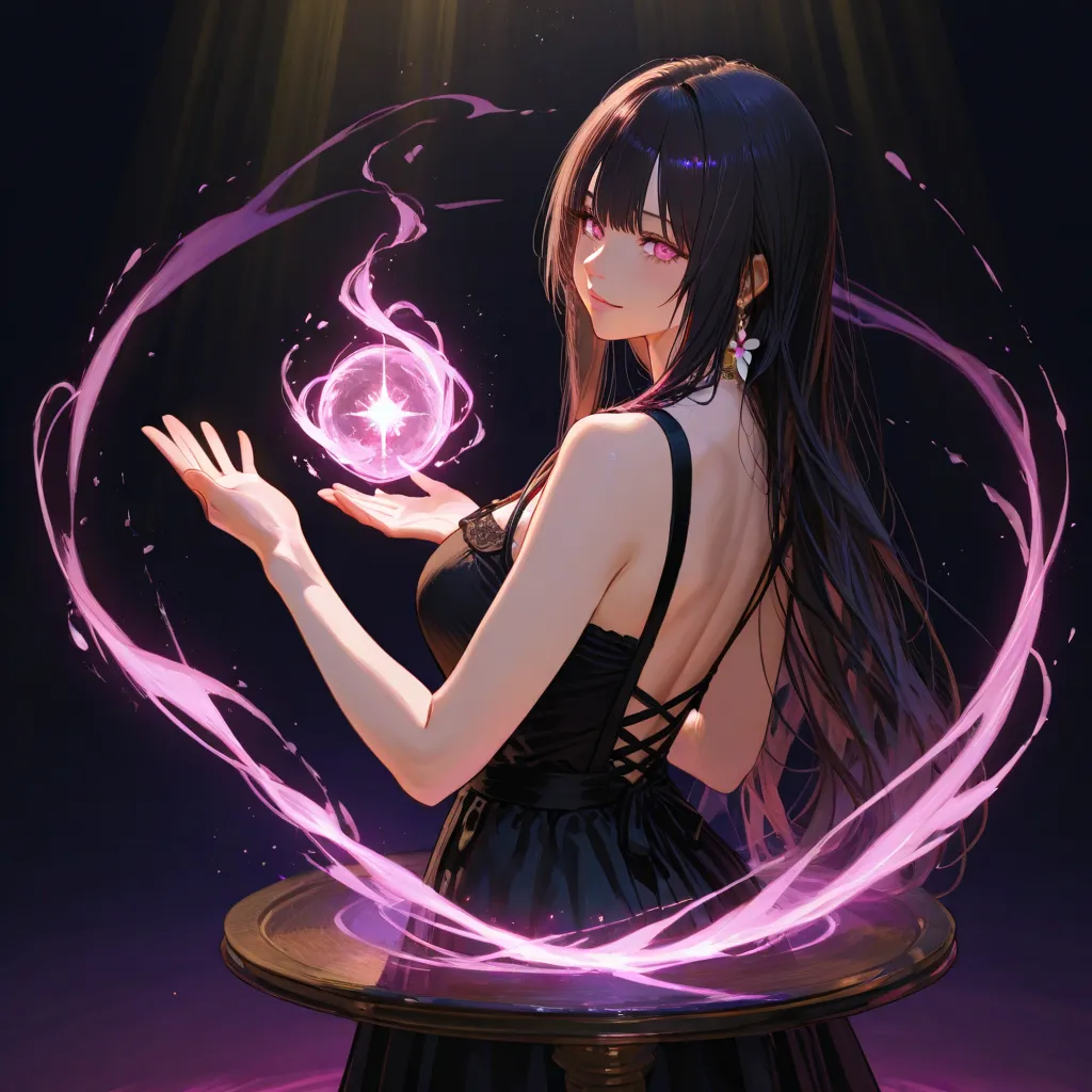 great works,1woman, big breasts , Dark pink eyes  ,eye details ,long black hair, purple hair, Black dress ,Do not wear jewelry. , Golden Magic  ,Purple Magic ,ออร่า Golden Magic  , facial focus 