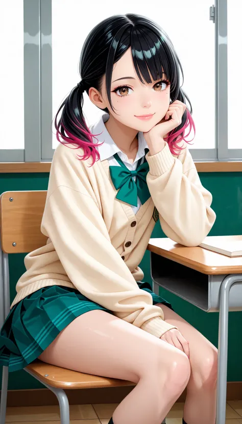 ( Cute age Girls , petite body, brown eyes), 1 female:1.6, (Beautiful High School Girls by Yoshitomo Nara, black hair with pink inner color hair, twin tails, asymmetrical bangs, mole under the eye:1.2, small face, beautiful skin), glossy lips , very d...
