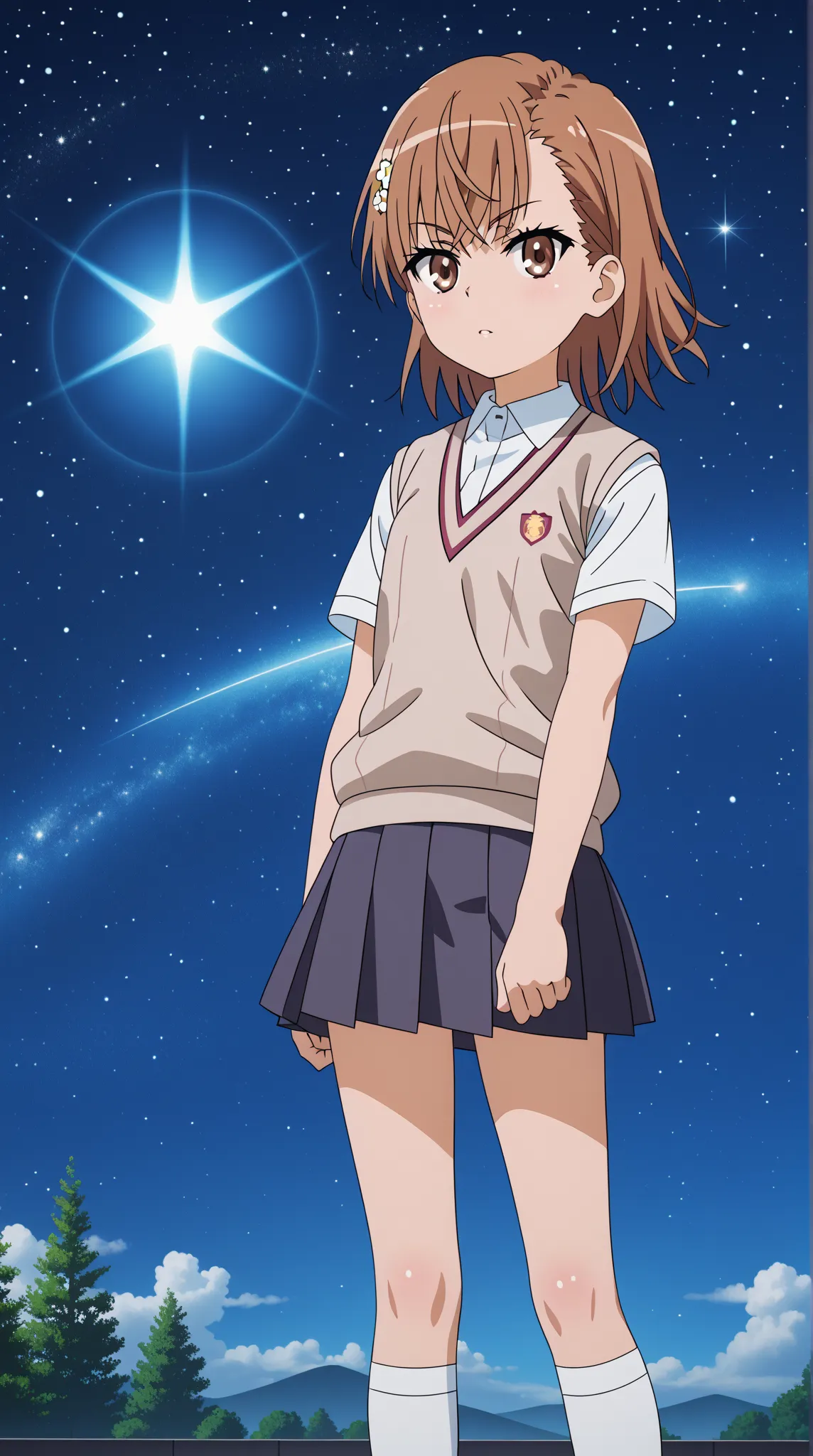 (UHD, retina, masterpiece, accurate, anatomically correct, super detail, high details,   highres, 1080P, 16k、high detail RAW color art:1.3)、 (misaka mikoto:1.3)、(short hair, brown hair:1.3)、(very flat chest:1.5)、(shiny skin:1.3)、(skirt, shirt, school unifo...