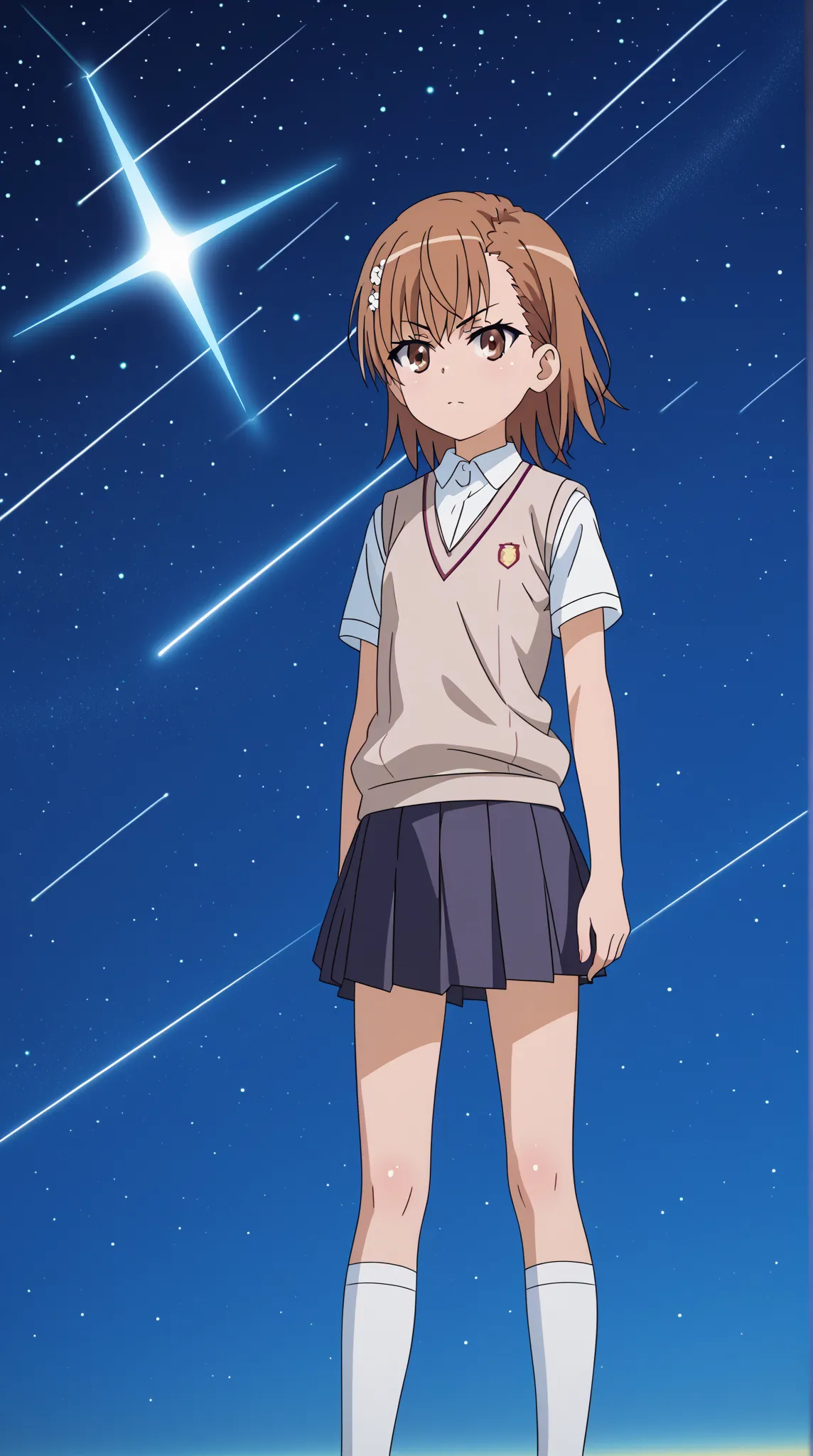 (UHD, retina, masterpiece, accurate, anatomically correct, super detail, high details,   highres, 1080P, 16k、high detail RAW color art:1.3)、 (misaka mikoto:1.3)、(short hair, brown hair:1.3)、(very flat chest:1.5)、(shiny skin:1.3)、(skirt, shirt, school unifo...