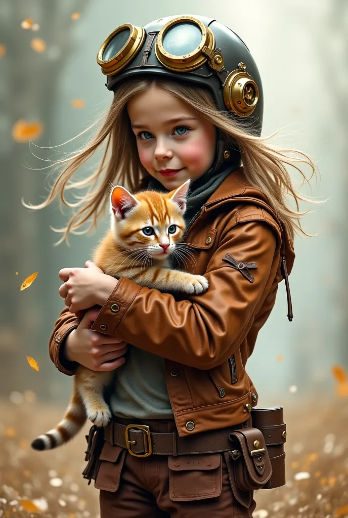 Portrait of a young girl with long hair, wearing brown leather and a steampunk-style helmet, holding a cute kitten.  Oil painting in a fantasy art style.