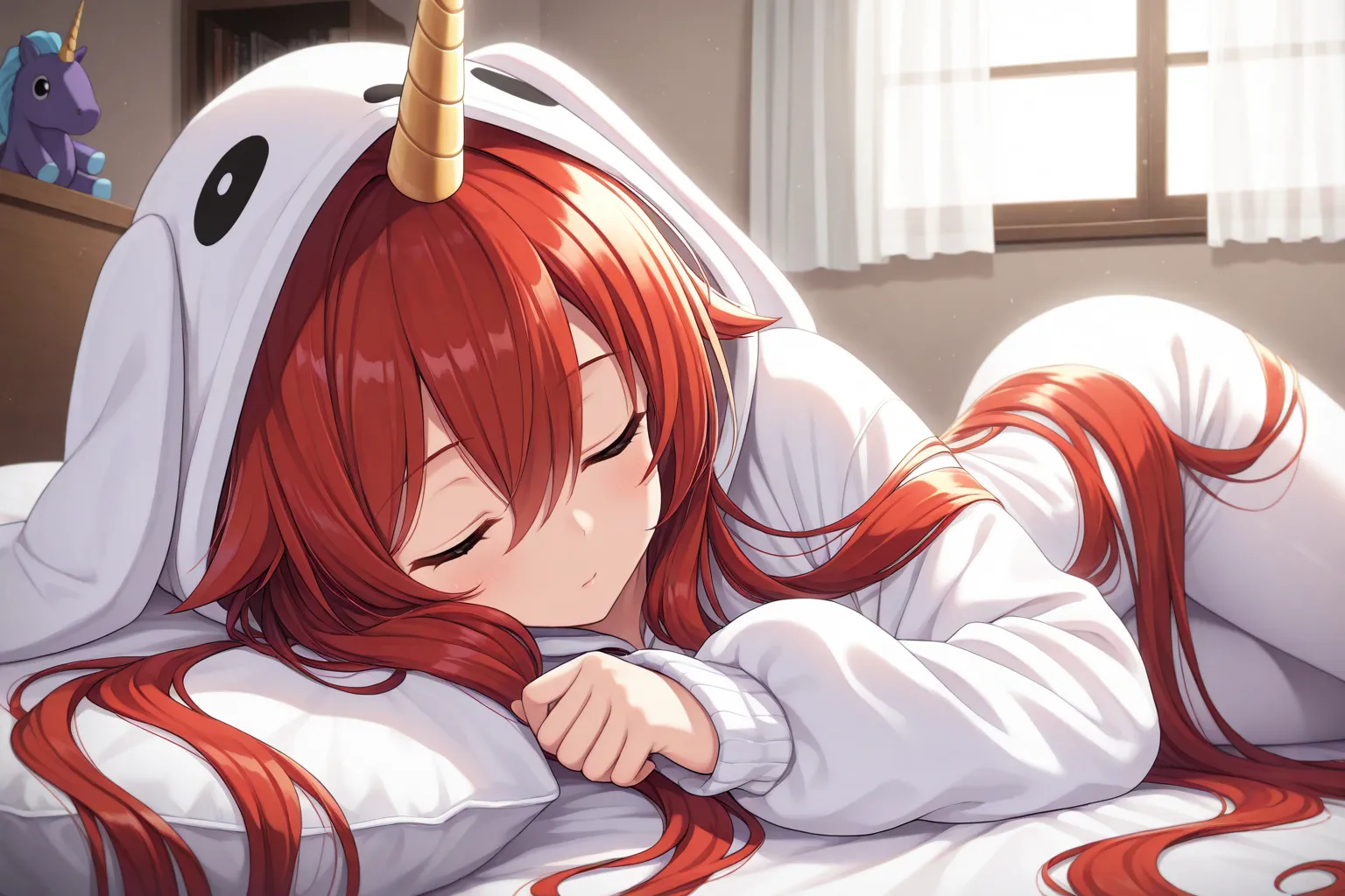 1 girl, golden eyes, red hair, very long hair, hair between eyes, beautiful, cool, closed eyes, sleeping, solo, groggy, wearing a unicorn onesies plush suit, hood on the head, lying in bed, modern bedroom, window, light leaks, curtains, (masterpiece), (hig...