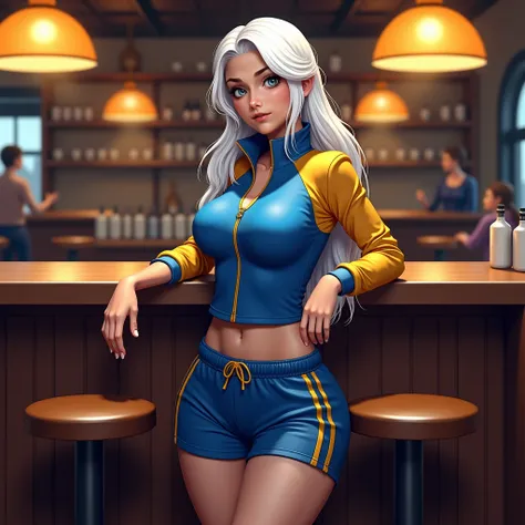 (best quality,4k,8k,highres,masterpiece:1.2),ultra-detailed, 1girl, Greek goddess Artemis as a college student, White hair, Mediterranean features and skin tone, Athletic build, wide feminine hips, wearing blue track top with gold sleeves and blue thigh le...