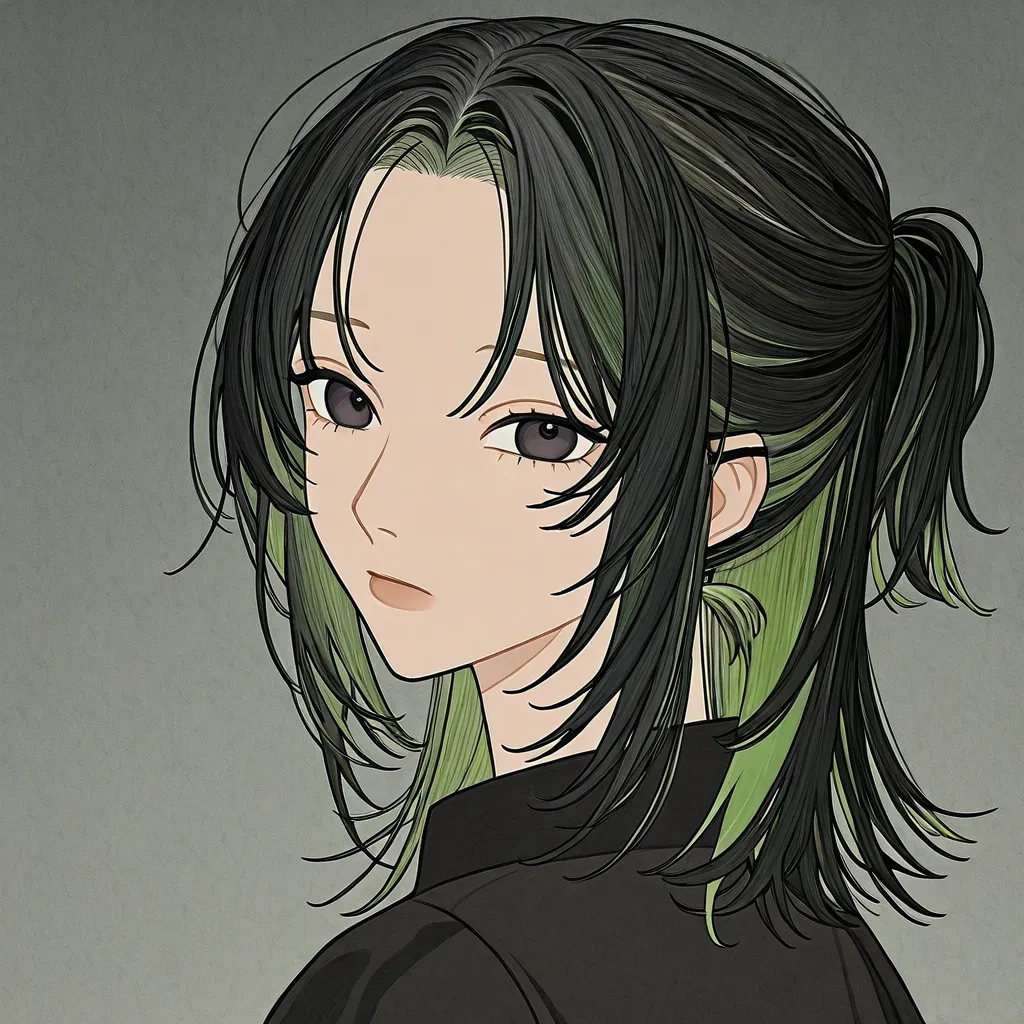 Create a black haired girl anime highlighting green hair, keeping the undercut hairstyle behind the hair, and the upper part of the hair is tied in a short ponytail and has a gradient of layers of hair to give it volume and look a little messy following th...