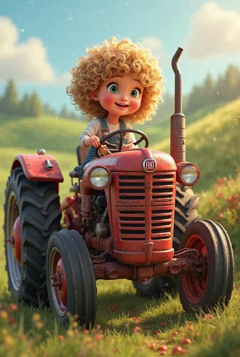 a realistic Fiat tractor with a curly blonde girl on it 