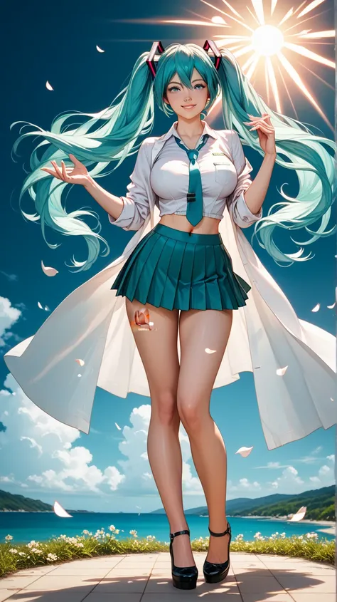  Hatsune Miku,Big Breasts,full body,HIGH QUALITY,8k,very detailed,professional,Pick the edge of the miniskirt skirt with your finger and lift it up with bare skin around your stomach