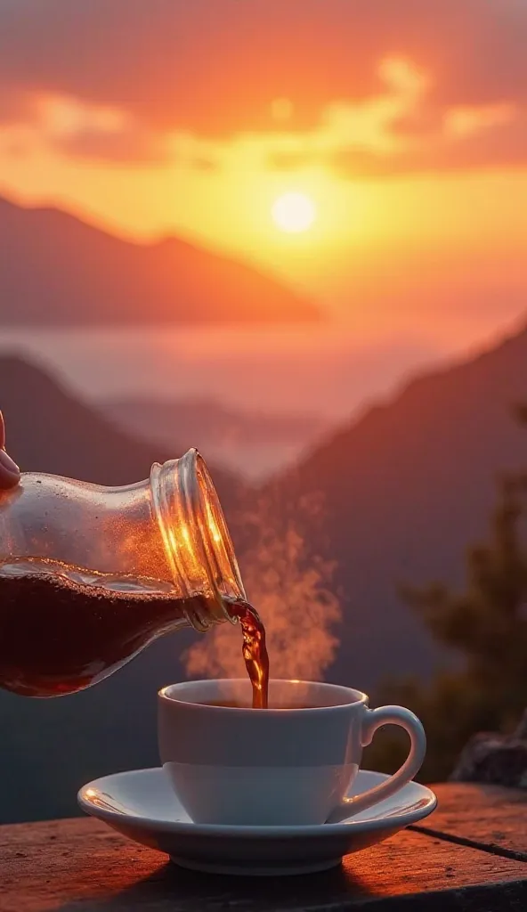 A cinematic and realistic sunrise over mountains, with vibrant shades of orange, pink, and gold lighting up the sky. In the foreground, a glass coffee bottle is pouring hot coffee into a white porcelain cup, with subtle steam rising from the liquid. The su...