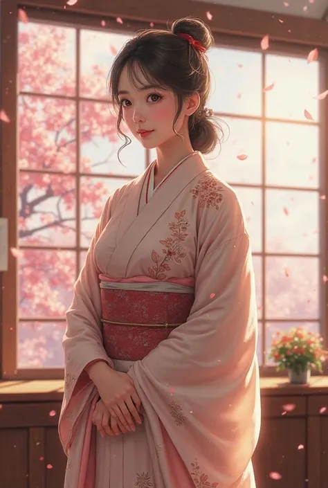 A beautiful female teacher from Japan, wearing a traditional kimono, smiling gently while teaching in a serene classroom with cherry blossoms outside."