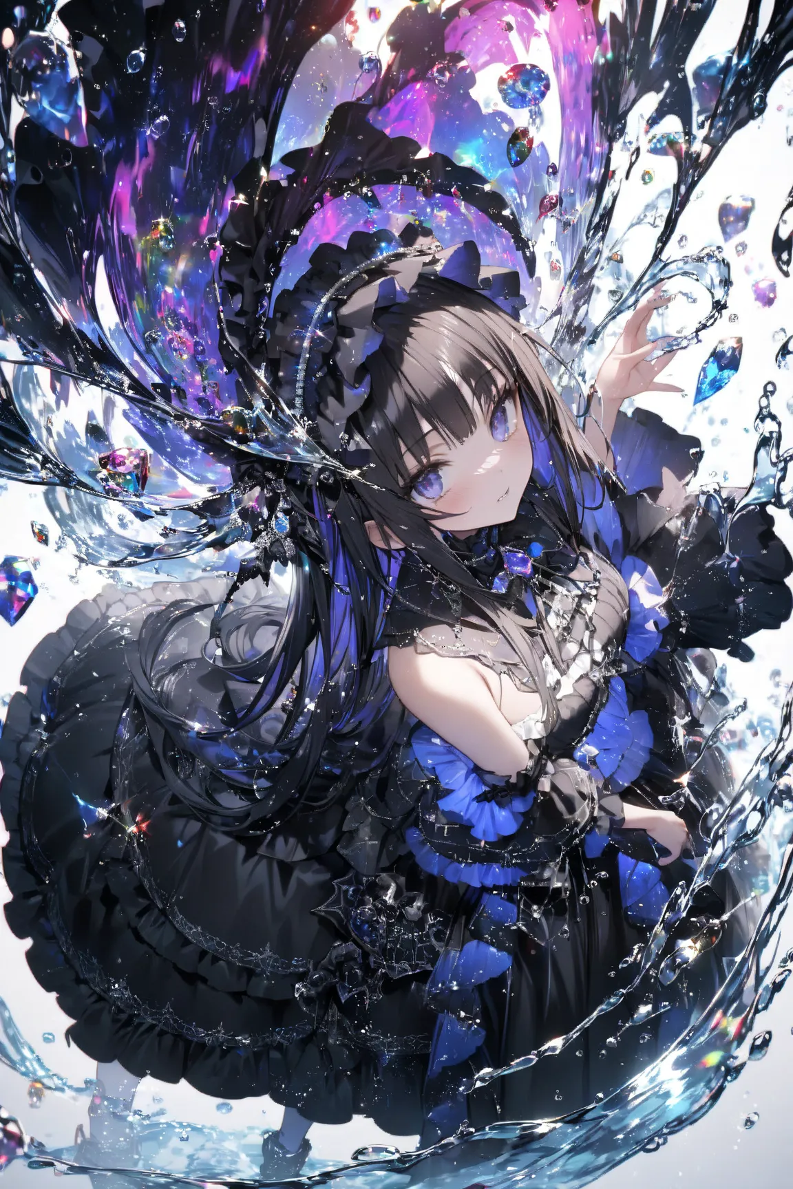 (white background:1.5)(one girl, Anime Characters),(   black gothic lolita clothes with blue ruffles  :1.5),(  A ruffled headdress with black hair inside  :1.2),(   long straight black hair :1.2),( Purple inner color :1.2),(Water and Gems),
Her pale appear...