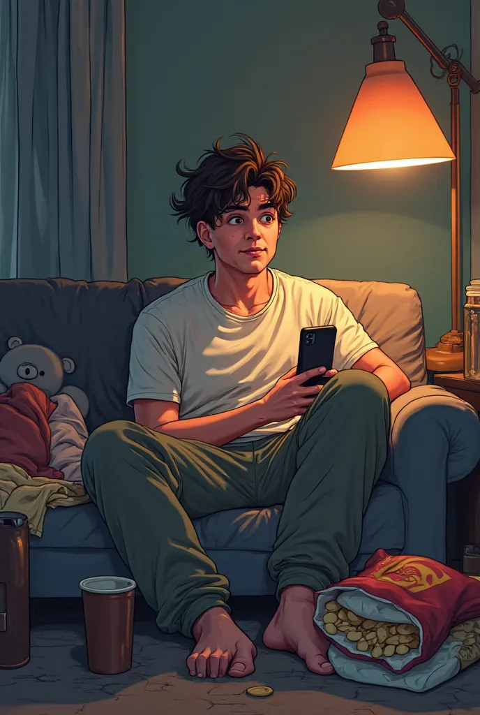 "An illustration of a young man in his early 20s, sitting on a couch with a lazy posture. He has messy hair, a slightly unshaven face, and is wearing a loose t-shirt and sweatpants. His eyes look half-open, and he is holding a smartphone in one hand while ...