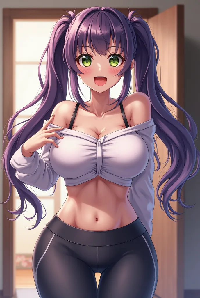 Rate 9, The score is 8. The highest score is 7., evaluation is questionable,  detailed background,  glowing skin ,Nozomi-san always, green eyes,  purple hair ,  Twin tails , low  Twin tails , , The long , huge breasts, off the shoulder , 最High Quality, is ...