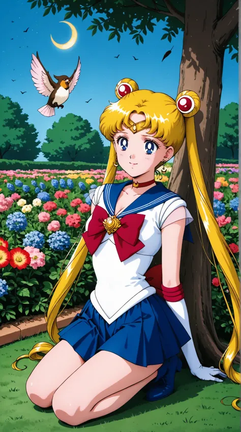 usagi tsukino, blonde hair, blue eyes, double bun, hair bun, hair ornament, long hair, twintails, circlet, parted bangs,back bow, blue sailor collar, blue skirt, bow, brooch, choker, crescent moon, elbow gloves, gloves, jewelry, magical girl, pleated skirt...