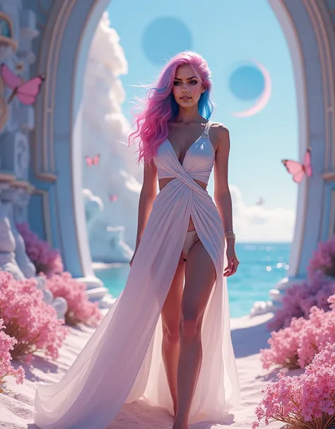 A pink and blue-haired empress walks along a crystalline beach, her face a complex mixture of happiness and stress as she prepares for her impending galactic imperial wedding. She's wearing a casual sleeveless waffle knit swimsuit coverup mini dress with a...