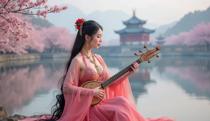 A stunning woman Show big breasts in an elegant, traditional Chinese-inspired dress with intricate embroidery and flowing sheer sleeves, playing a guzheng by a serene lake. Her dress is a bright pink  color. She has long, flowing black hair adorned with de...