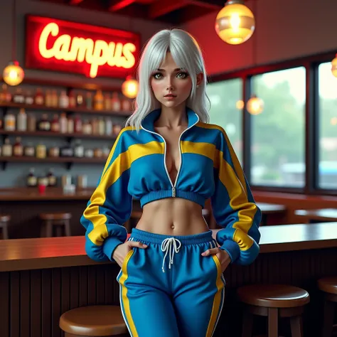 (best quality,4k,8k,highres,masterpiece:1.2),ultra-detailed, 1girl, Greek goddess Artemis as a college student, White hair, Mediterranean features and skin tone, Athletic build, wide feminine hips, wearing blue and yellow tracksuit, at a local campus bar, ...