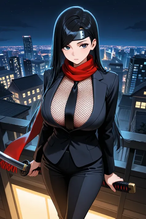  masterpiece, Highest quality, great quality,  very aesthetic, High Resolution,  latest, hyper-detailed,bitches line up in front of the motel,
OL,suit,forehead protector,long black hair, tie one by one,swept bangs,low pony tale, 1girl ,fishnet top,long sca...