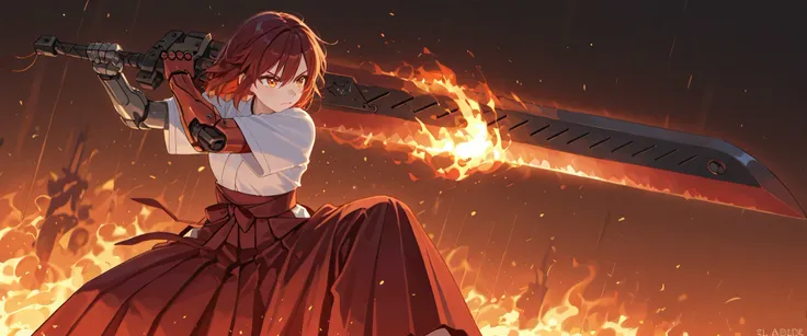 (best quality), high detailed, holding sword, (big weapon), (attack stance:1.1), action pose, oversized iron sword, Girl, mechanical arm, burning arm, Ruby blade, (Slash), serious, hakama, beautiful eyes, super fine eyes, (Close-up:1.1)