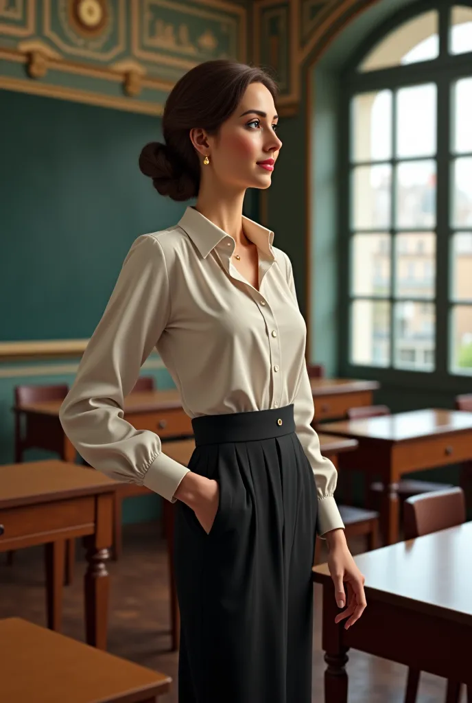 A graceful female teacher from France, dressed in a stylish outfit, standing in a Paris classroom, smiling warmly at her students."