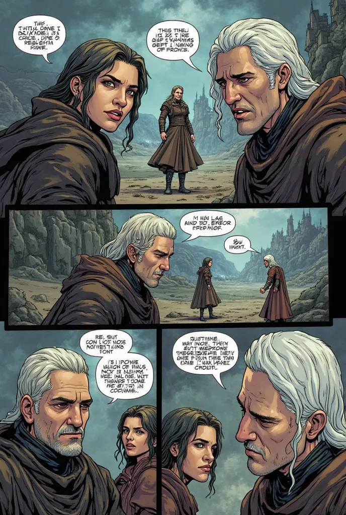 Draw me a comic illustrating with bubbles of dialogues of the most important events the time of contempt of the witcher