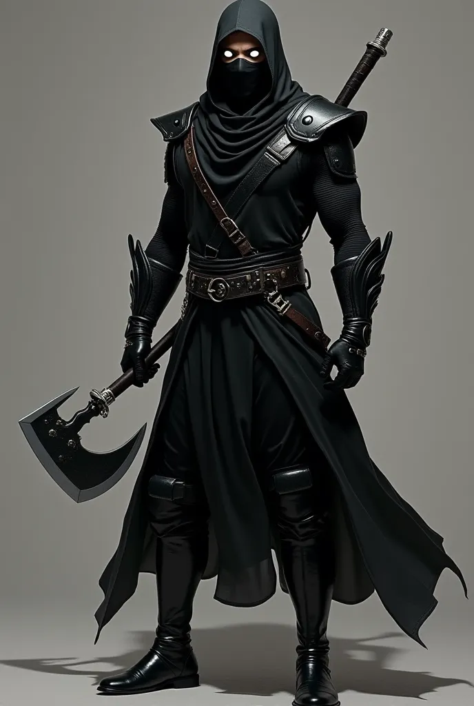 Ninja man black mask white eyes black costume black shoulder straps black pointed bracelets black belt black boots armor with chrome details with a hand sickle with a shadow of his replica behind glued on him Noob Saibot style from Mortal Kombat his black ...