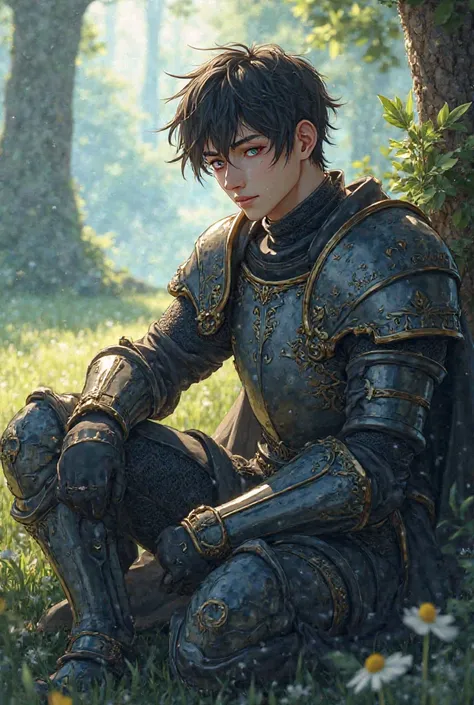 KNIGHT SITTING RESTING HANDSOME ANIME HERO WITH COLORED EYES