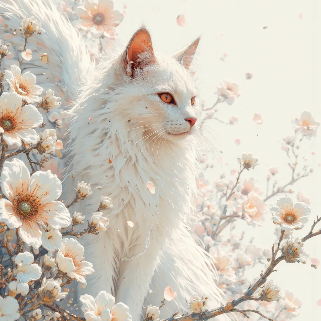 Delicate and fantastic 、Beautiful white cat with long hair、Watercolor painting with less realism、White petals fluttering around the cat、White cats have beautiful white feathers like Pegasus、Cat eyes are burgundy、Graceful profile facing straight to the side...