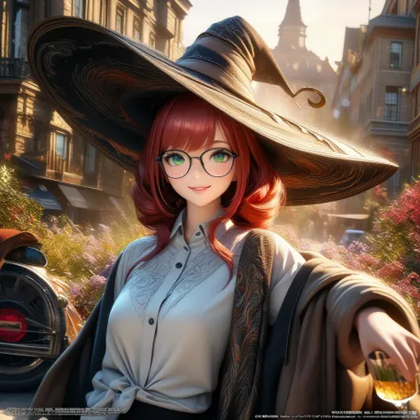 Short , red hair, green eyes, diopter glasses with metal frames,  witch hat, smiling 15-year-old girl with a glass of ice cream in the background. ( Masterpiece , top quality shirt, best quality, official art,  beautiful and aesthetic:1.2),  extremely deta...