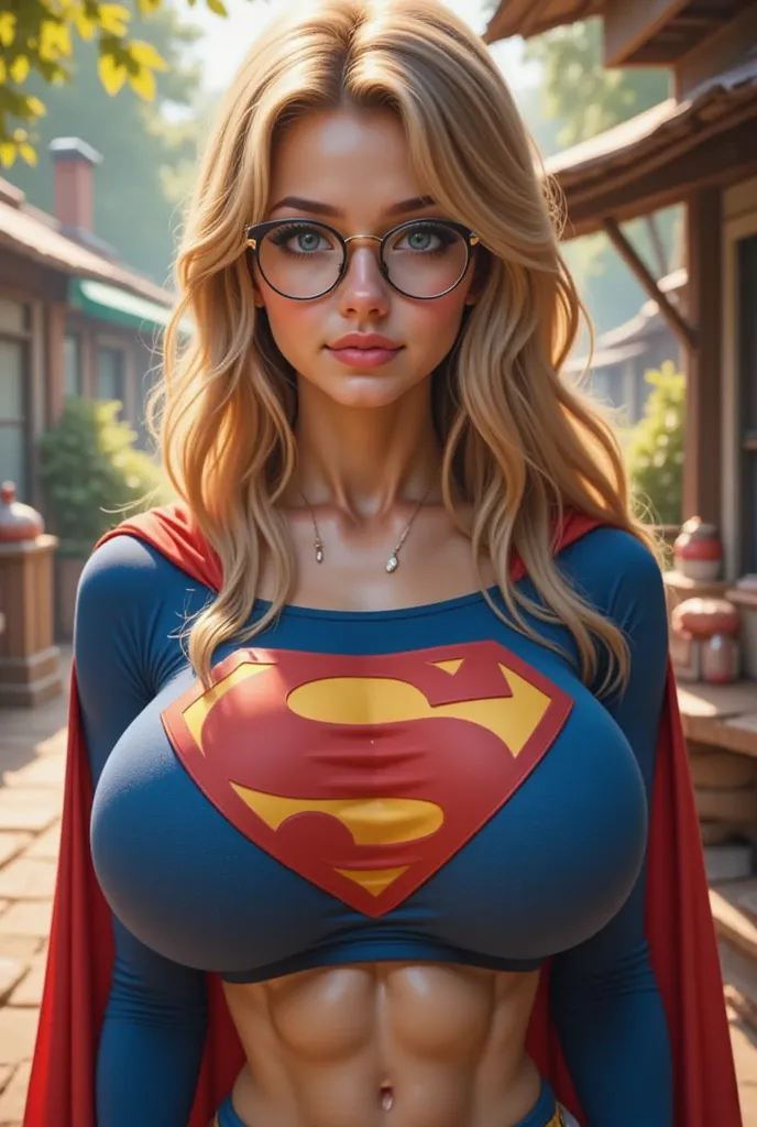 A SEXY  BLONDE GIRL WITH BLUE EYES AND NERD GLASSES PRETENDING TO BE SUPERMAN WEARING A 1980 SUPERMAN SUIT AND CAPE