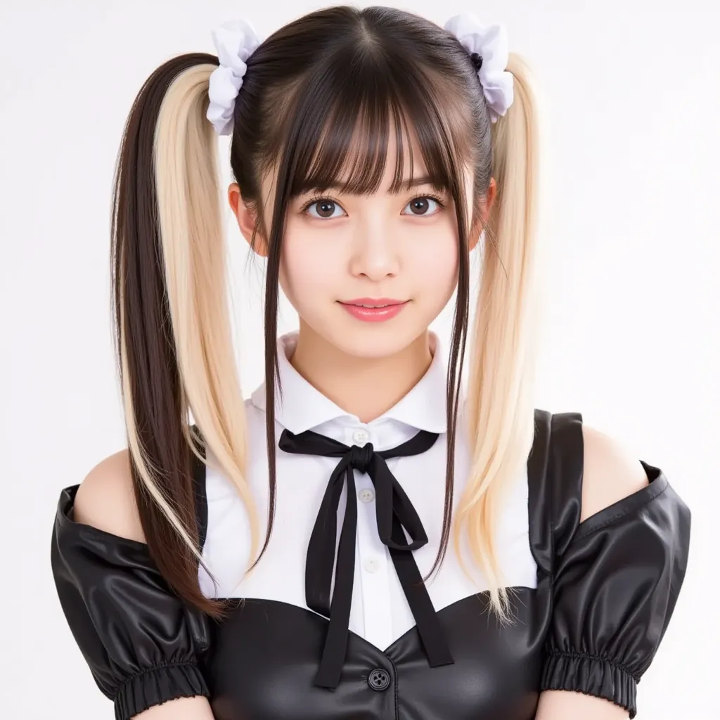 Two-tone blonde and black hair、long hair、 hairstyle is straight、 light background、スーパーlong hair、The color of the hair is different on the left and right is blond and the left is black、Ponytail、black maid outfit、