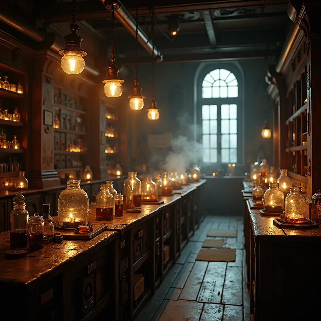 An ancient laboratory, prestigious, Where the soft glow of magic lamps illuminates wooden countertops and glass jars. In the background, scientists in Victorian costumes argue in a secret language, and mystical calculations float around. The light that ent...