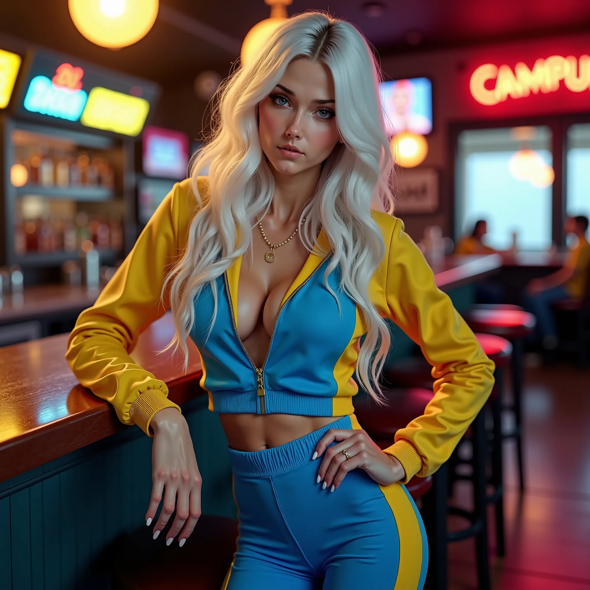 (best quality,4k,8k,highres,masterpiece:1.2),ultra-detailed, 1girl, Greek goddess Artemis as a college student, White hair, Mediterranean features and skin tone, Athletic build, wide feminine hips, wearing blue and yellow tracksuit, at a local campus bar, ...