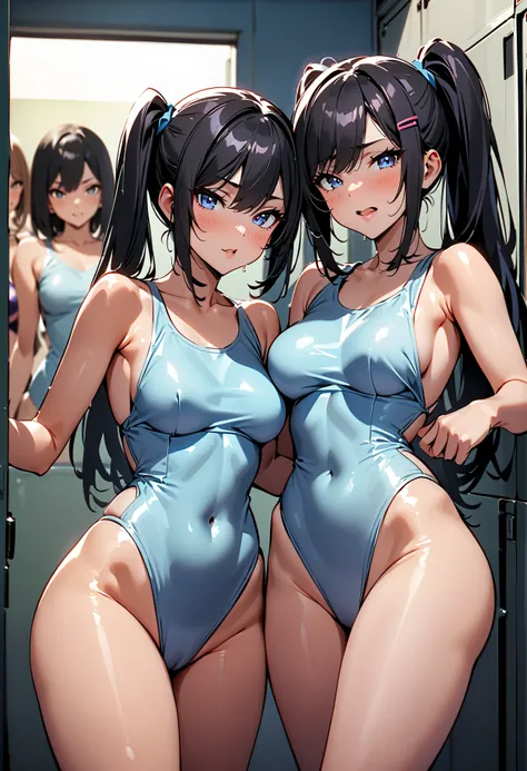 Commemorative photo of a  girls on the left ,  (複数の girls on the left:1.5),    ( black hair:1.4),  Ponytail，  hair clip,    girls on the left,  (  One Piece Swimsuit:1.4),( Locker Room:1.2), ,,  mischievous face that licks her lips slightly, open your mout...