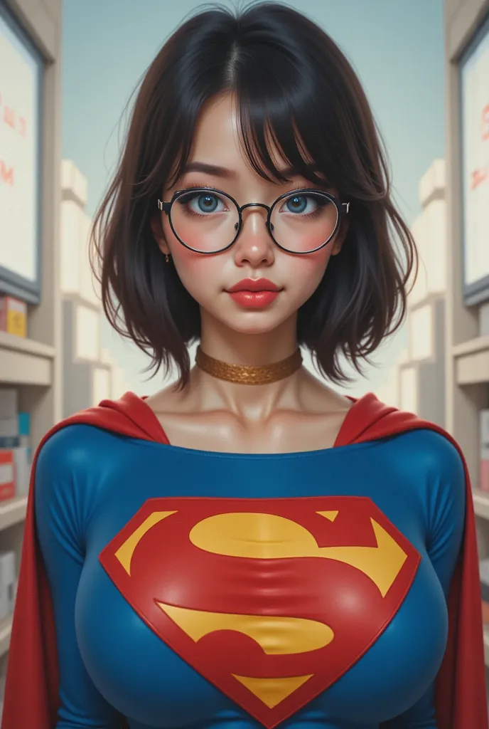 A SEXY JAPANESE GIRL WITH BLUE EYES AND NERD GLASSES PRETENDING TO BE SUPERMAN WEARING A 1980 SUPERMAN SUIT AND CAPE